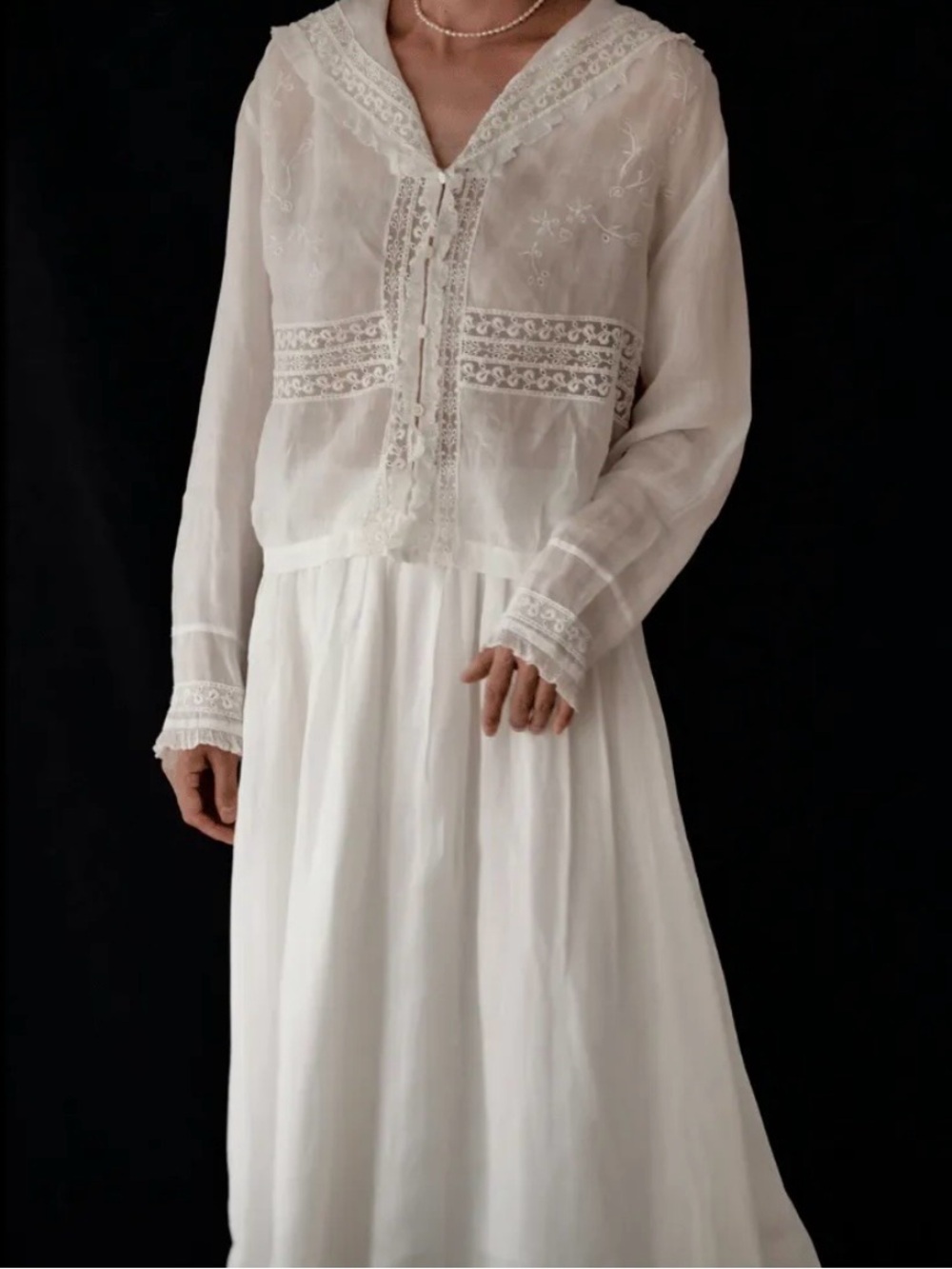 Sheer White Lace-Trim Blouse or Chemise with Vintage Embroidery